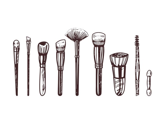 Vector handdrawn doodle sketches of makeup brushes for beauty salon