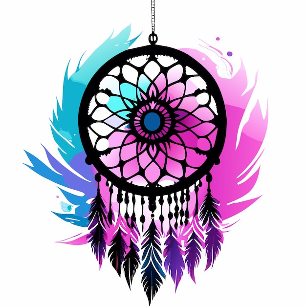 Handdrawn dream catcher with feathers with watercolor effect for banners Bohemian hippie style