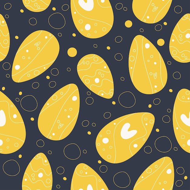 Vettore motivo pasquale disegnato a mano con uova gialle su sfondo blu scuro per imballaggio di carte