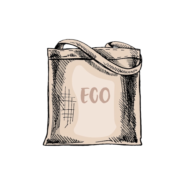 Нарисованный от руки эскиз эко-сумки, экологическая концепция, защита природы, текстильная льняная сумка, цветные каракули