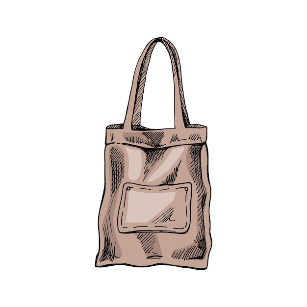 Handdrawn eco bag sketch ecological concept nature protection textile linen bag colored doodle