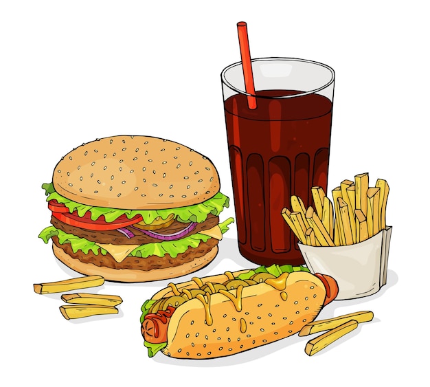 Handdrawn fast food and a glass of soda on a white background