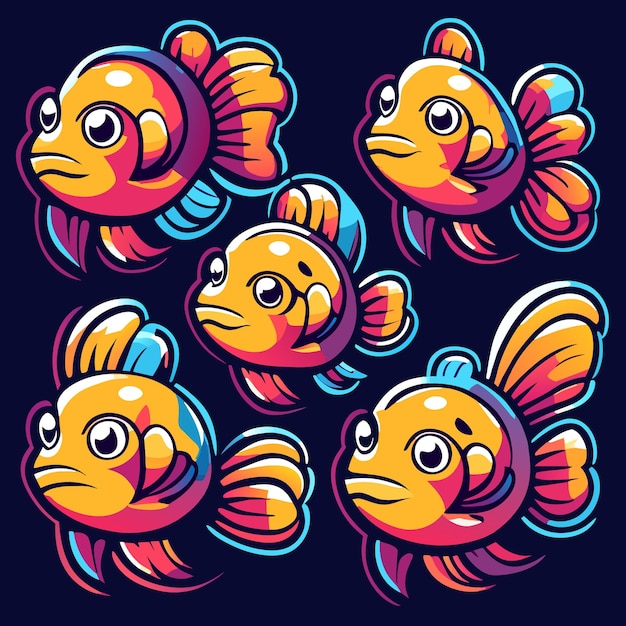 Handdrawn fish game characters isolated vector art