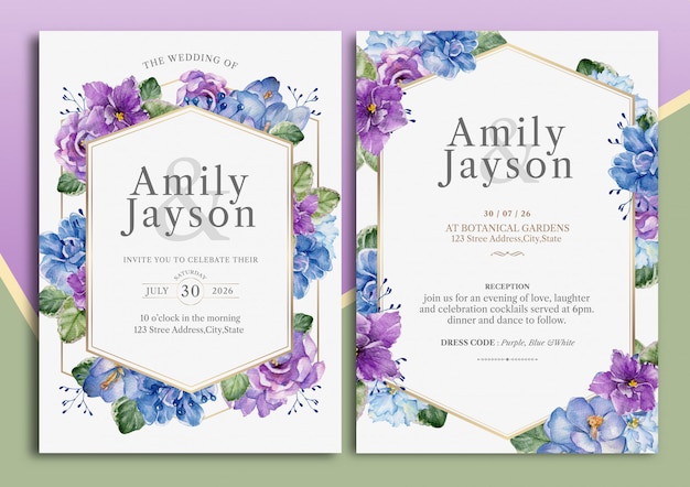 Handdrawn floral wedding invitation card