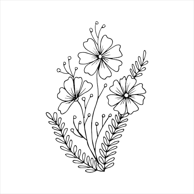 Ручной рисунок цветка одиночный элемент каракули для раскраски пригласительной открытки Черно-белое векторное изображение