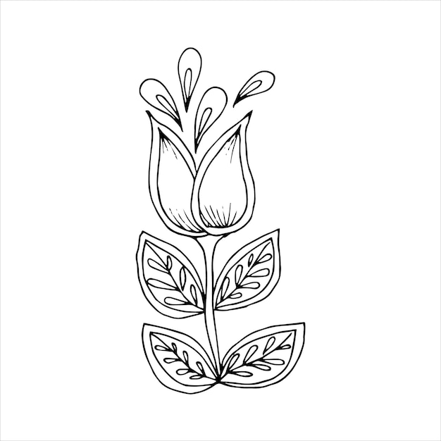 Ручной рисунок цветка одиночный элемент каракули для раскраски пригласительной открытки черно-белое векторное изображение