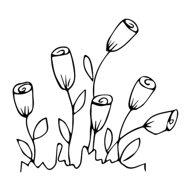 Handdrawn flowerbed with flowers in doodle style