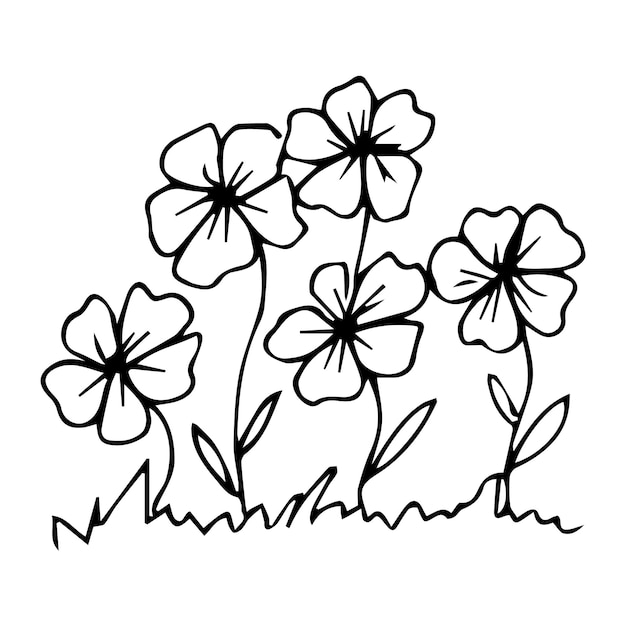 Handdrawn flowerbed with flowers in doodle style