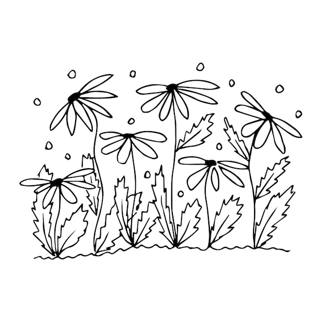 Handdrawn flowerbed with flowers in doodle style