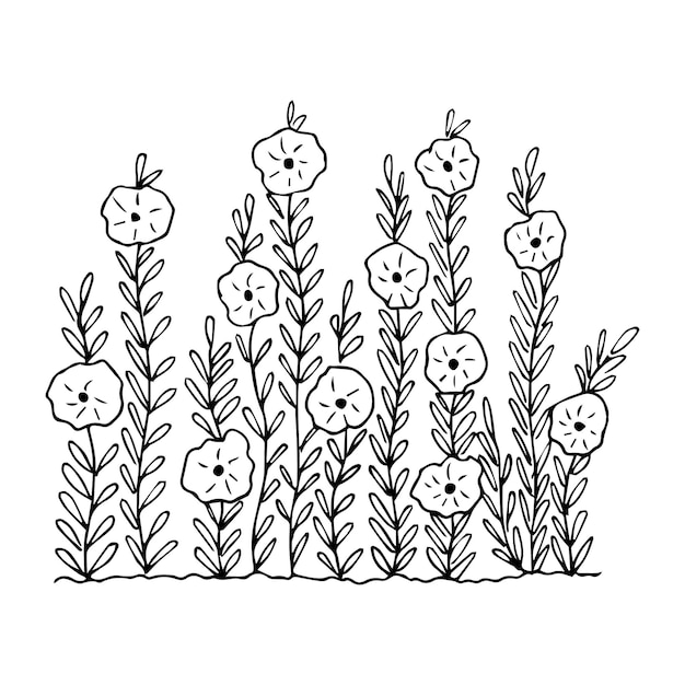 Handdrawn flowerbed with flowers in doodle style