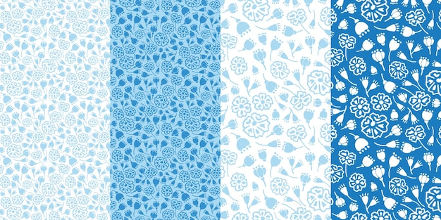 Handdrawn Flowers Seamless Pattern in flat blue and white Contemporary Floral seamless Pattern