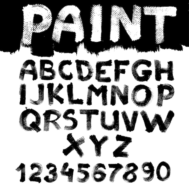 Vector handdrawn font on textured paper with paint strokes on black ba