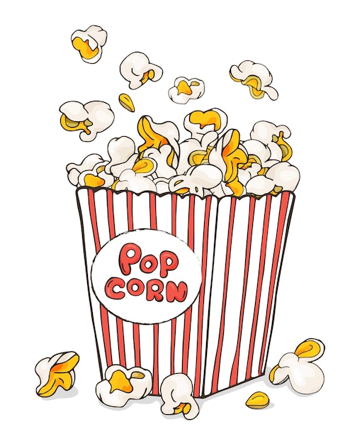 Handdrawn full box of popcorn on a white background