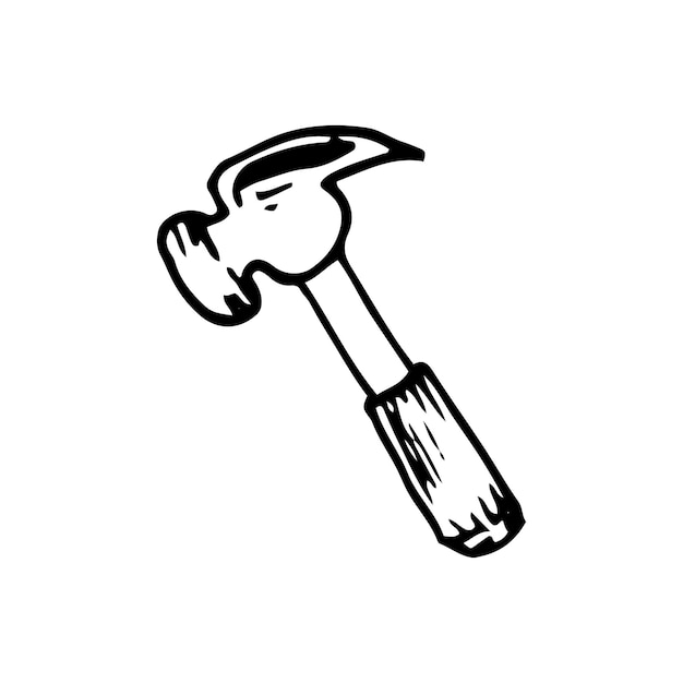 Icona di doodle disegnato a mano del martello. schizzo nero disegnato a mano. segno simbolo del fumetto. elemento decorativo. sfondo bianco. isolato. design piatto. illustrazione vettoriale.
