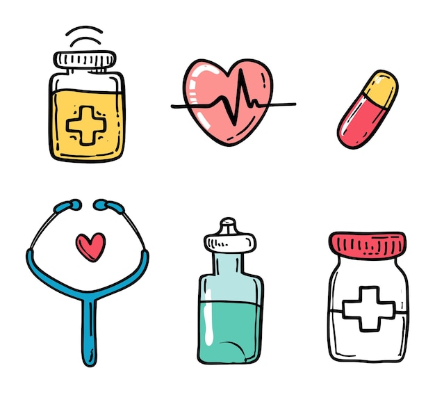 Handdrawn health icons showing medicine wellness doodle medical elements heart rate pill