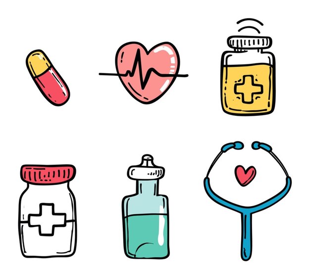 Handdrawn health icons showing medicine wellness