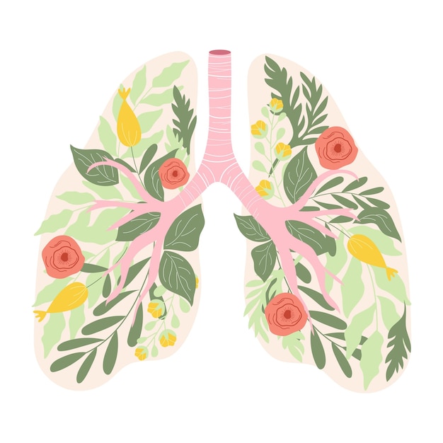 Handdrawn human lungs full of flowers and leaves in soft colors No tobacco day vector concept