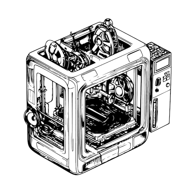 A handdrawn illustration of a 3D printer in an engraved style isolated on a white background