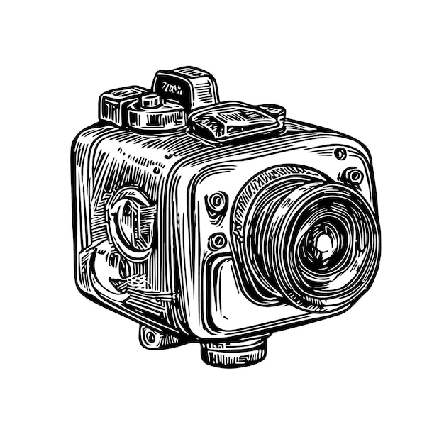 A handdrawn illustration of an action camera in an engraved style isolated on a white background