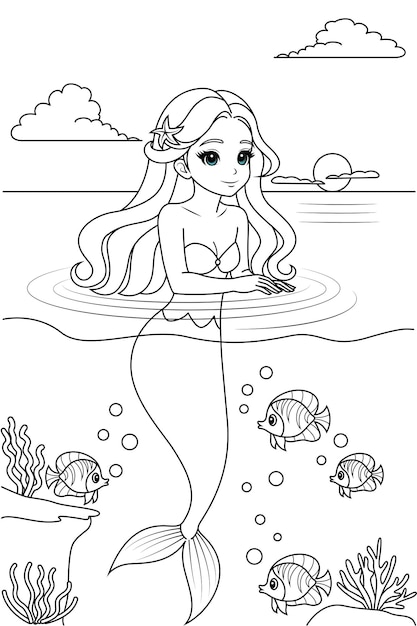 Handdrawn illustration of kawaii mermaid princess coloring page for kids and adults