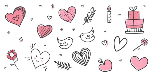 Handdrawn illustrations on the theme of love Traditional romantic symbols