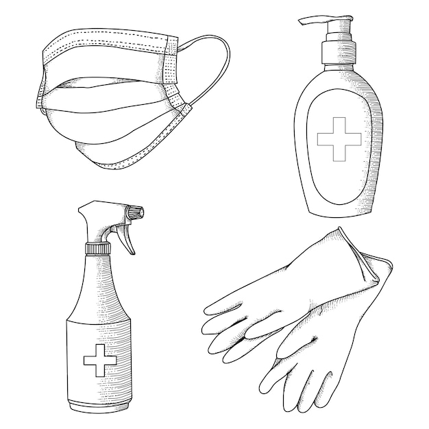 Handdrawn ilustration black and white virus prevention health equipment