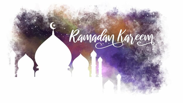 Vector handdrawn islamic celebration background beautiful gradient watercolor with white silhouette mosque