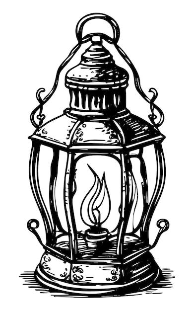 Handdrawn lantern with a burning candle on a white background in isolation