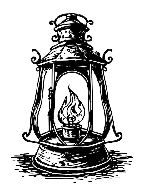 Vector handdrawn lantern with a burning candle on a white background in isolation