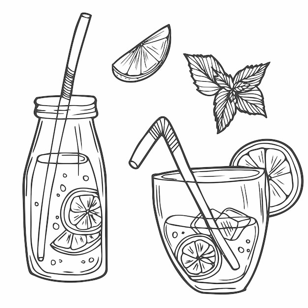 Вектор Ручно нарисованный вектор лимонада иллюстрация эскиза стакан лимонада с соломинками ледяной лайма и мяты