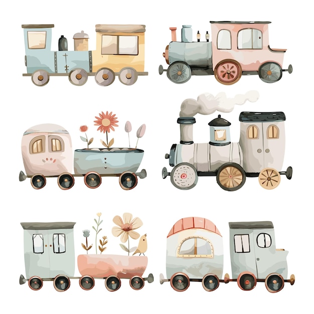 Handdrawn llustration of vintage toy trains in a watercolor style