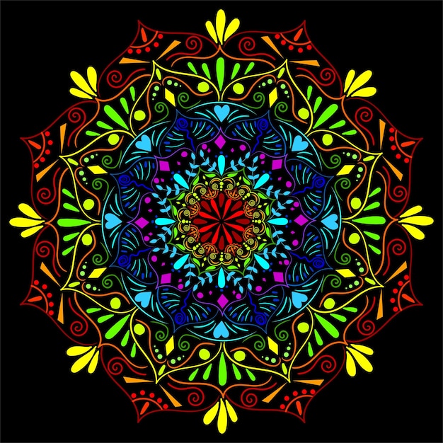 Handdrawn Mandala pattern in rainbow neon color