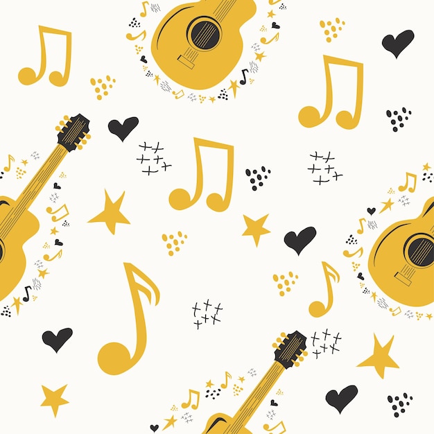 Handdrawn musical seamless pattern with country guitar stars notes symbols objects and elements