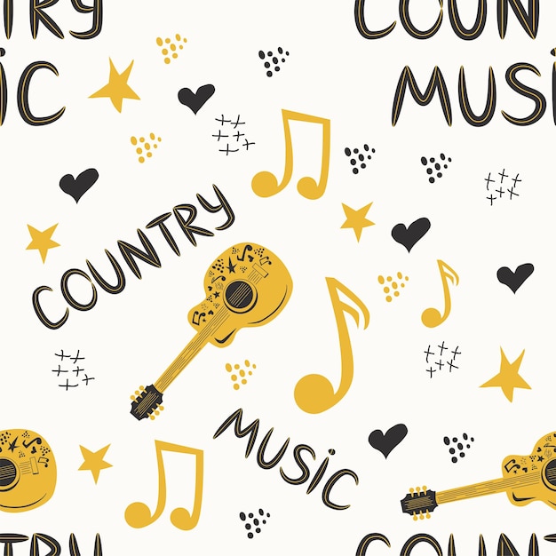 Handdrawn musical seamless pattern with the inscription country music and country guitar stars notes symbols