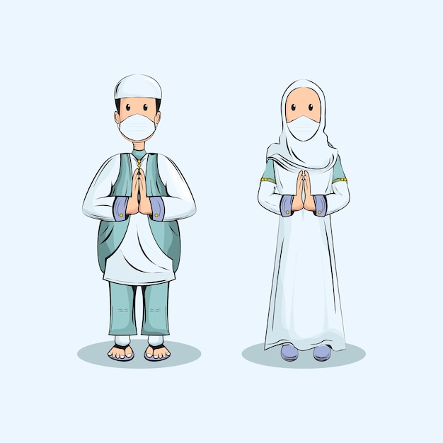 Handdrawn Muslim Couple With a Mask