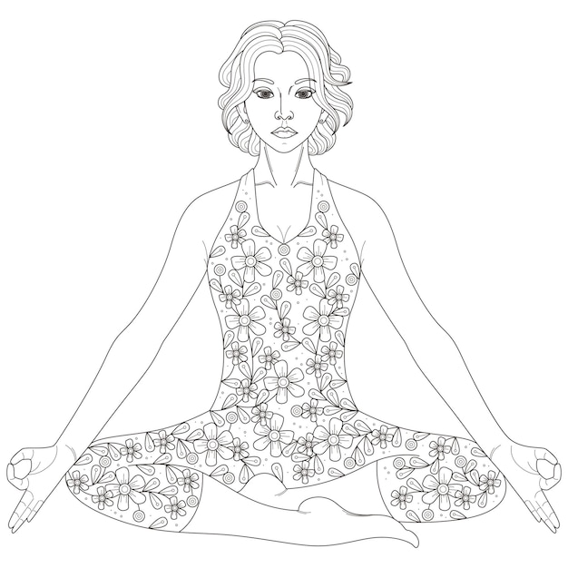 Вектор Нарисованная от руки иллюстрация сидящей медитации девушки