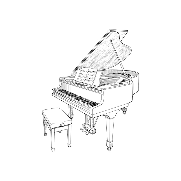 handdrawn outline of a grand piano with music sheet