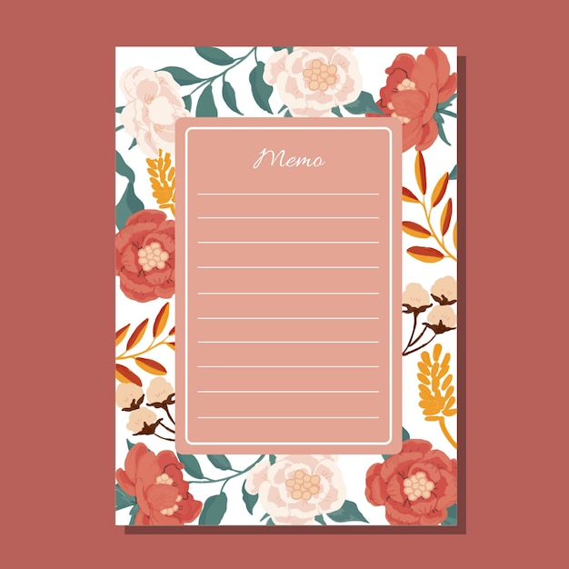 Vector handdrawn peonies vintage lined memo page