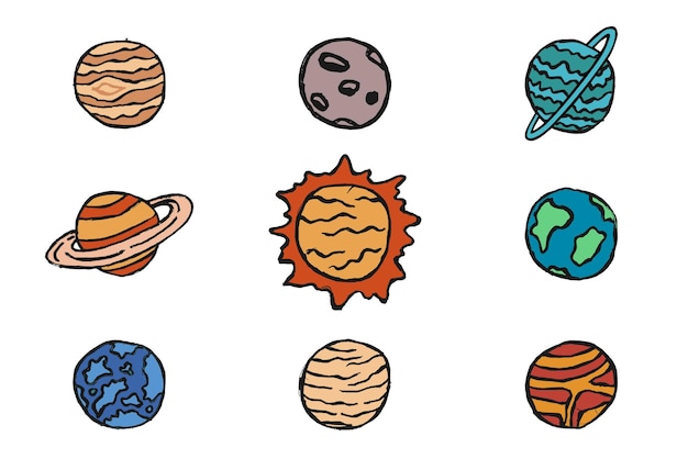 Vector handdrawn planets set elements