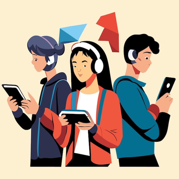 Vector handdrawn portraits of youth with tech gadgets