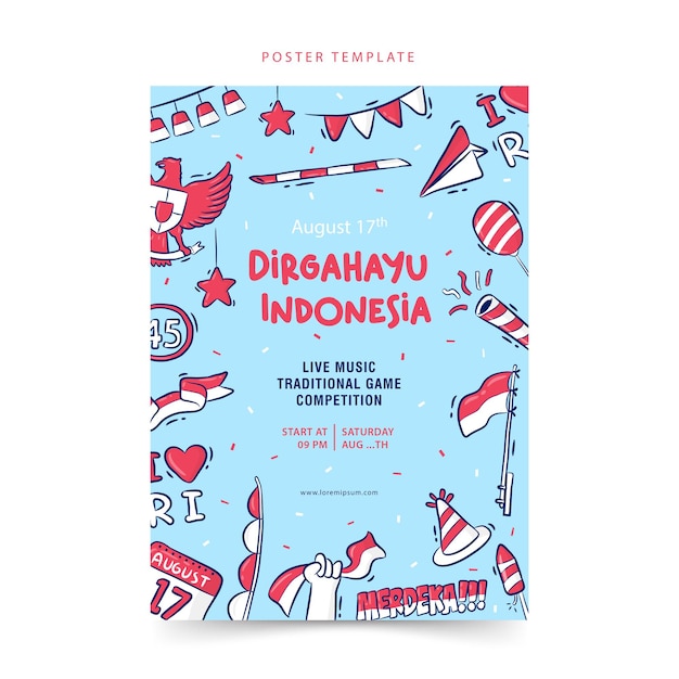 手描きのポスターテンプレートインドネシア独立記念日Dirgahayuはお祝いを意味しますMerdekaは独立を意味します