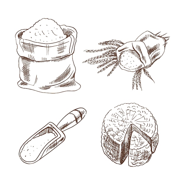 Набор эскизов продуктов ручной работы Мешок колосков муки ковш голова сыра Векторная иллюстрация Черно-белый винтажный рисунок