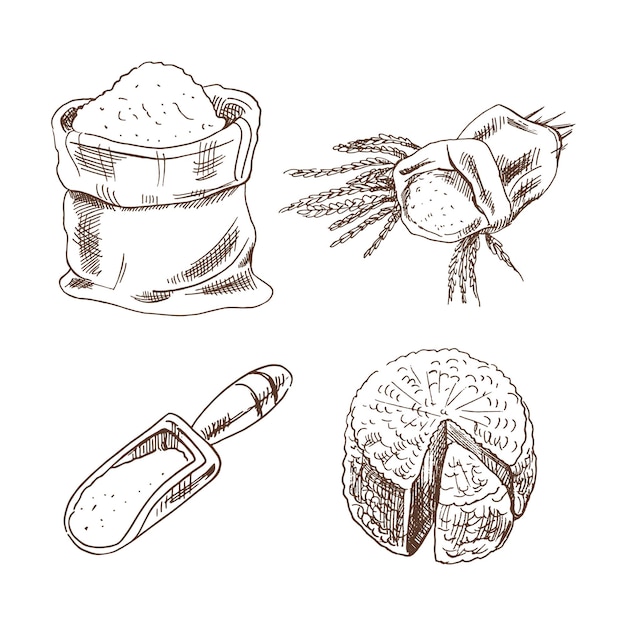 손으로 그린 제품 스케치 세트 밀가루 이삭 한 봉지 국자 치즈 벡터 그림 흑백 빈티지 드로잉