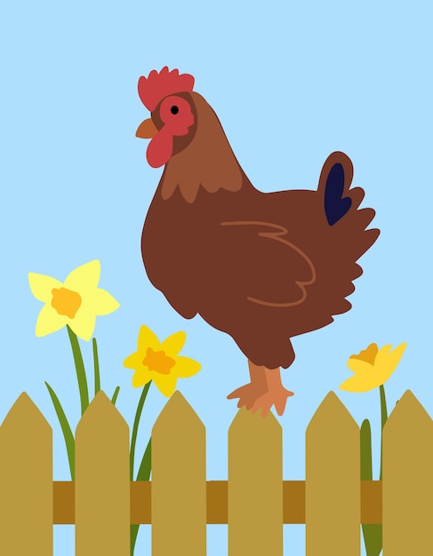 Handdrawn redbrown rooster sits on a fence with flowers