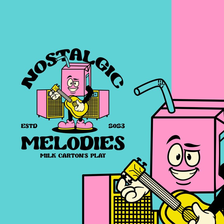 Handdrawn retro cartoon vector characters of milk