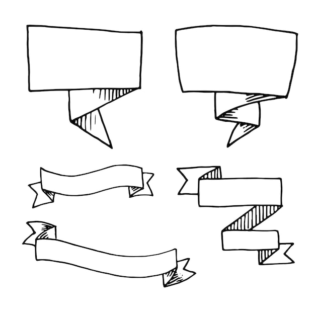 Handdrawn 리본 낙서 아이콘을 설정합니다. 손으로 그린 검은 스케치. 만화 기호에 서명합니다. 장식 요소입니다. 흰 바탕. 외딴. 평면 디자인. 벡터 일러스트 레이 션.