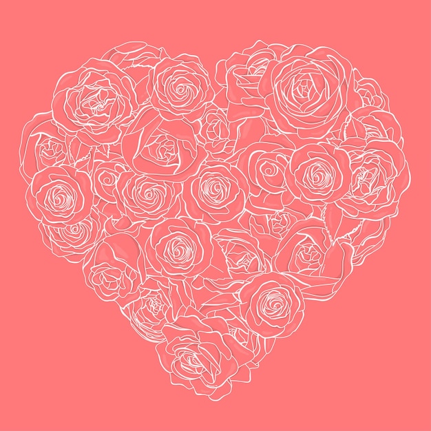 Fiori di rosa disegnati a mano a forma di cuore