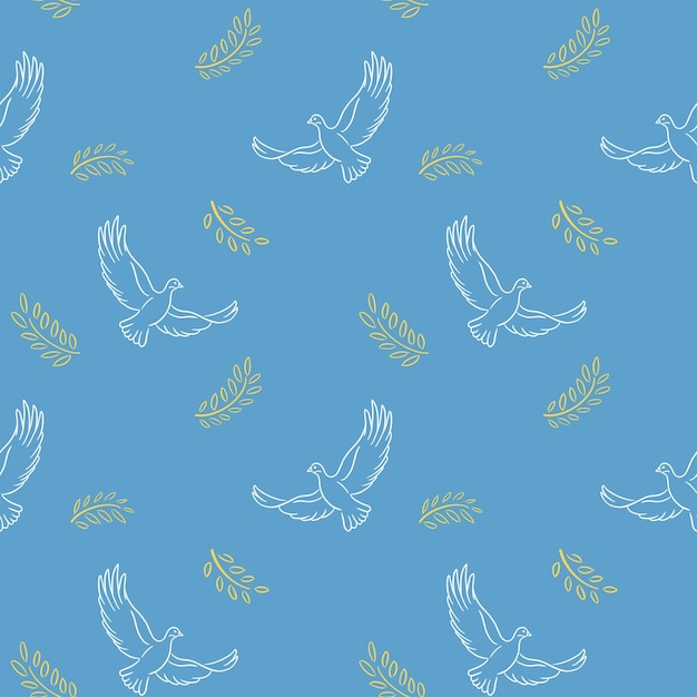 Handdrawn seamless pattern in sky blue and yellow color with dove of peace Vector Textile Print