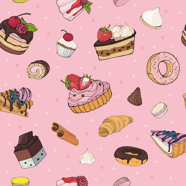 Modello senza cuciture disegnato a mano con dessert e pasticcini dolci