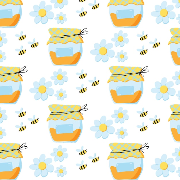 Handdrawn seamless pattern with honey jar flowers and bees cute bright pattern with honey